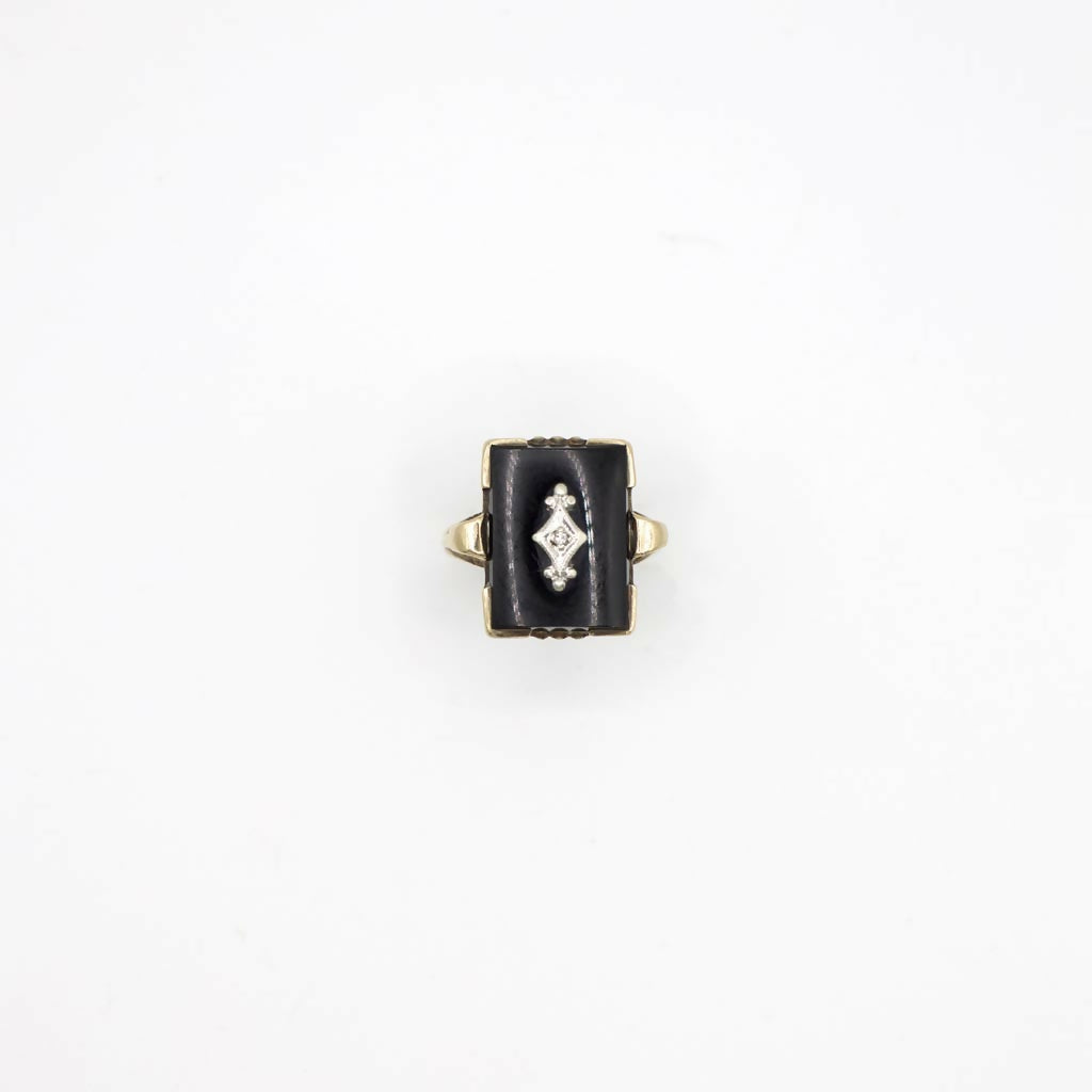 Antique Genuine Diamond and Onyx Statement Ring In 10K Yellow Gold