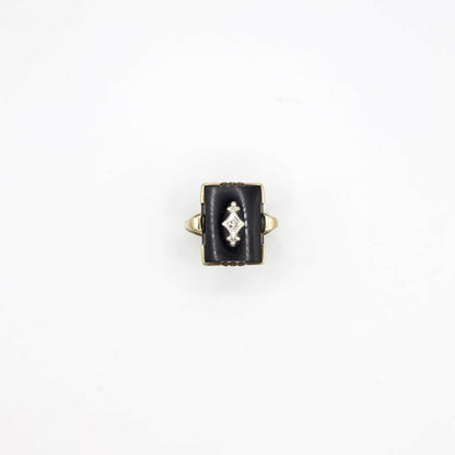 Antique Genuine Diamond and Onyx Statement Ring In 10K Yellow Gold