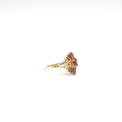Vintage Diamond and Pink Sapphire Burst Ring In 14K Yellow Gold