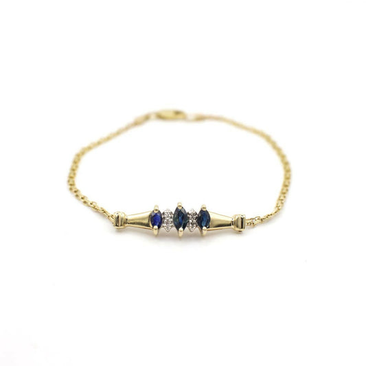 Vintage Genuine Diamond and Sapphire Bismark Chain Bracelet In 14K Yellow Gold