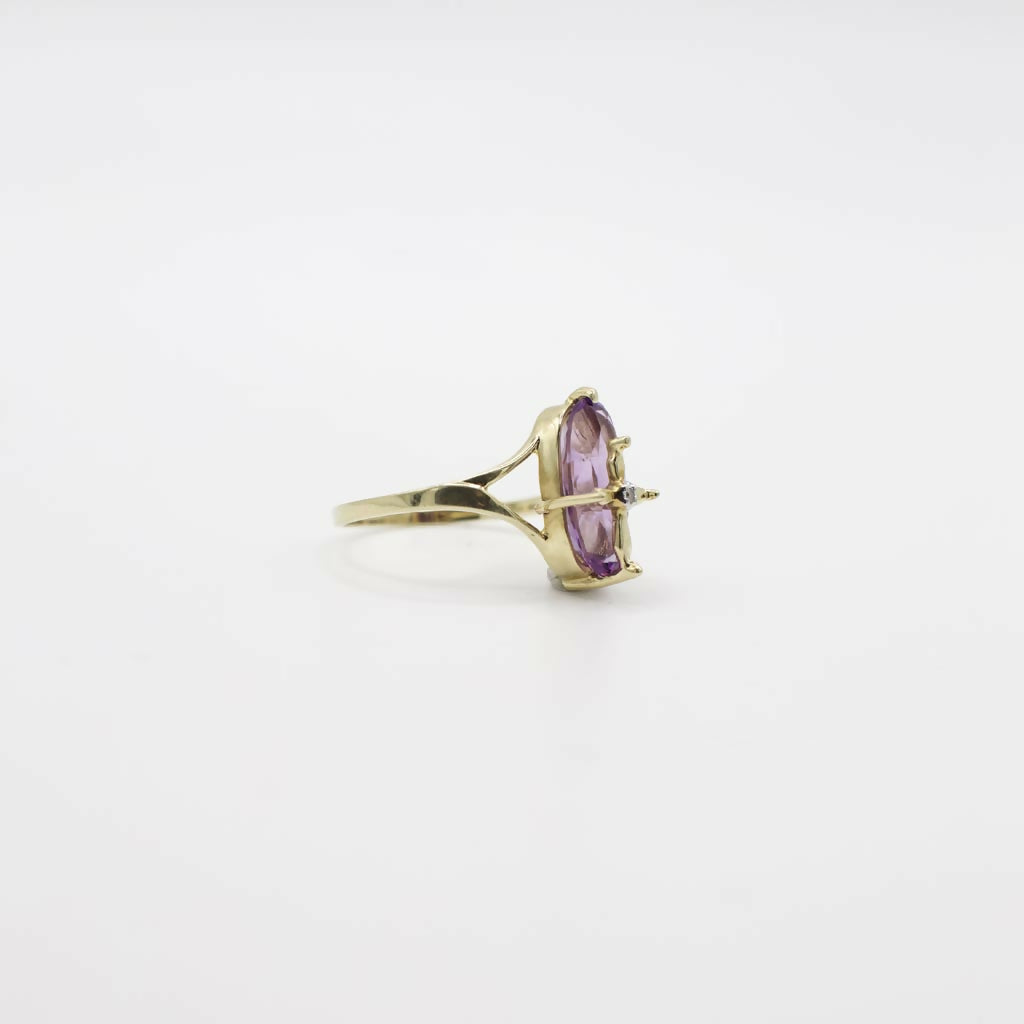 Vintage Genuine Diamond and Amethyst Cross Accented Ring In 10K Yellow Gold