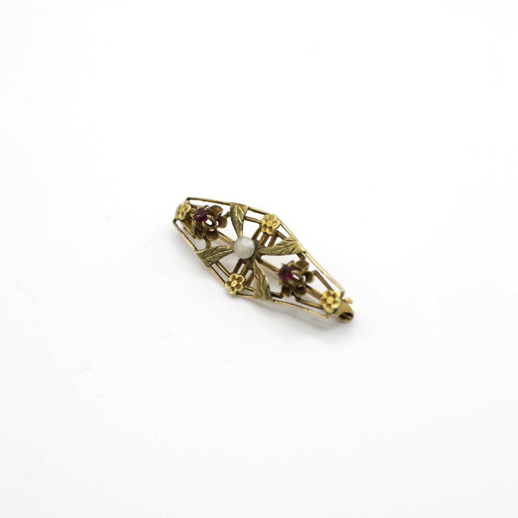 Antique 1910's E.L Spencer Co Genuine Freshwater Pearl Brooch Pin In 10K Yellow Gold