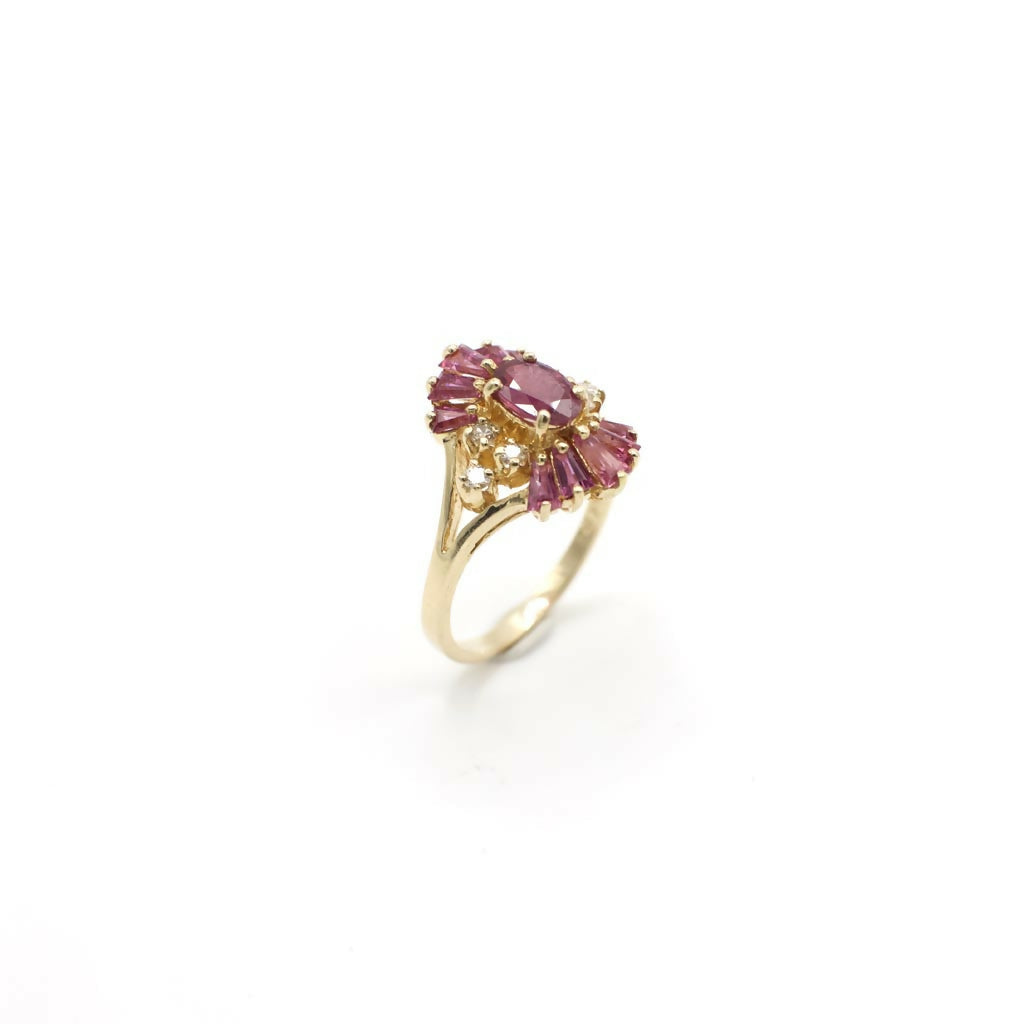 Vintage Diamond and Pink Sapphire Burst Ring In 14K Yellow Gold