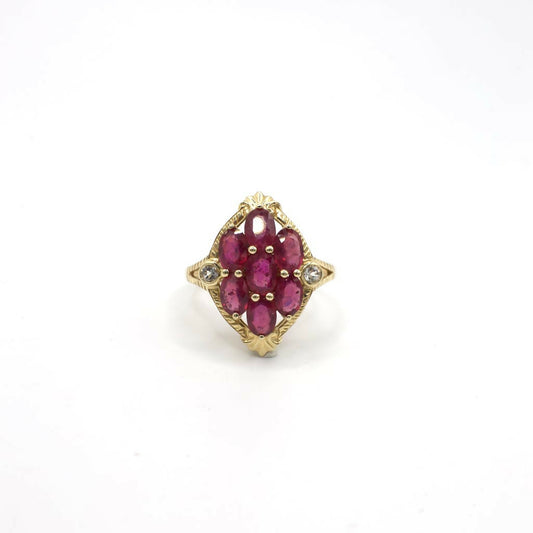 Genuine Ruby and White Topaz Cluster Ring in 14K Yellow Gold