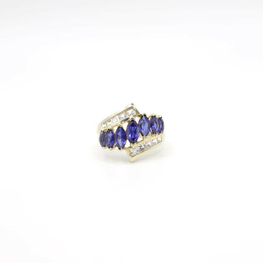 Vintage Samuel Aaron Designer Statement Ring With Genuine Blue and White Sapphire in 10K Yellow Gold