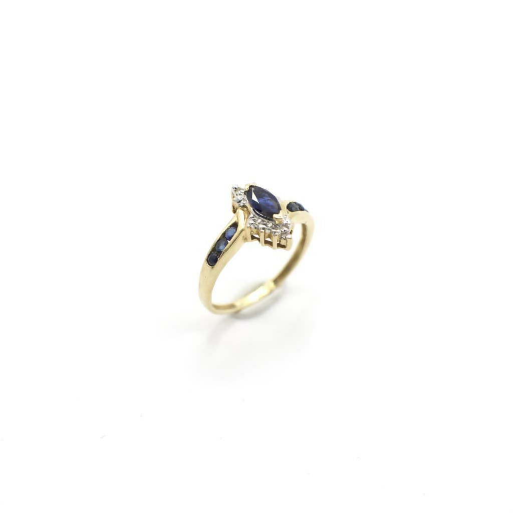 Vintage Genuine Earth Mined Marquise and Round Cut Sapphire and Diamond Pinky Ring In 14K Yellow Gold