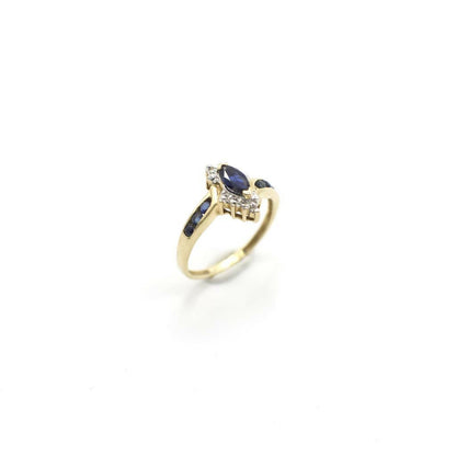 Vintage Genuine Earth Mined Marquise and Round Cut Sapphire and Diamond Pinky Ring In 14K Yellow Gold