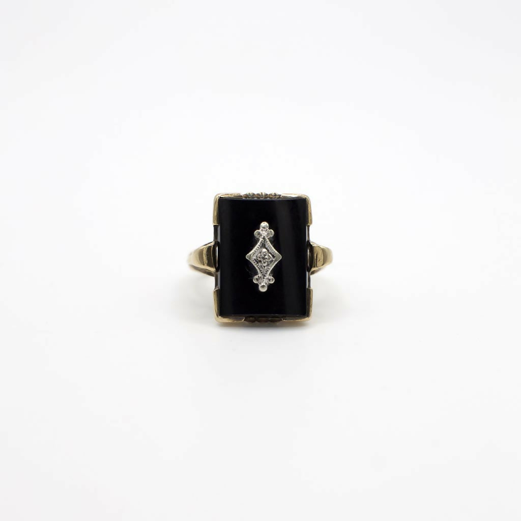 Antique Genuine Diamond and Onyx Statement Ring In 10K Yellow Gold