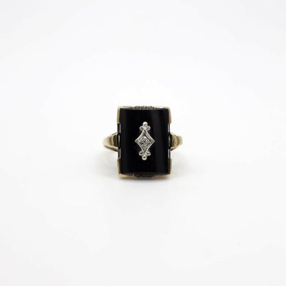 Antique Genuine Diamond and Onyx Statement Ring In 10K Yellow Gold