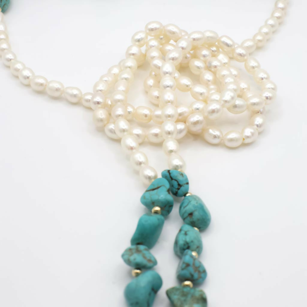 Vintage Genuine Turquoise and Pearl Lariat Necklace