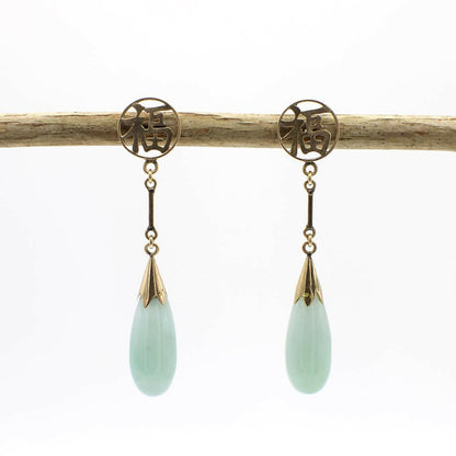 Gorgeous Vintage Genuine Jadeite and 14K Yellow Gold "Fortune" Dangle Earrings