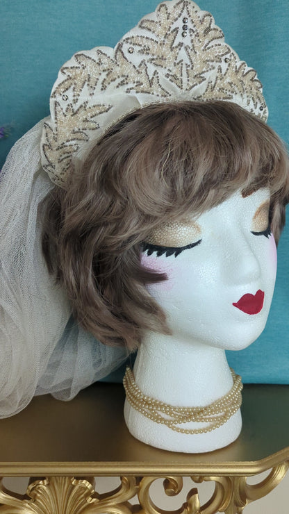 1930s Silk Tulle Cathedral Length Wedding Veil and Hand Beaded Tiara Crown Headpiece with Rhinestones