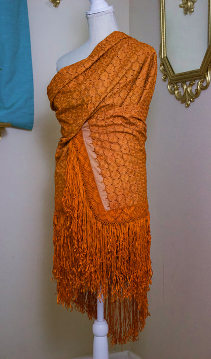 1970s Large Burnt Orange Hand-Knotted Shawl with Woven Ribbon Macrame and Long Fringe