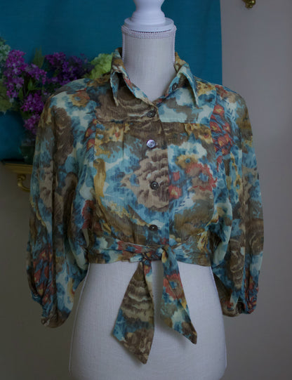 1970s Byer Crop Top with Tie in Multicolor Watercolor Floral Pattern in Blues, Browns, Teds and Yellow