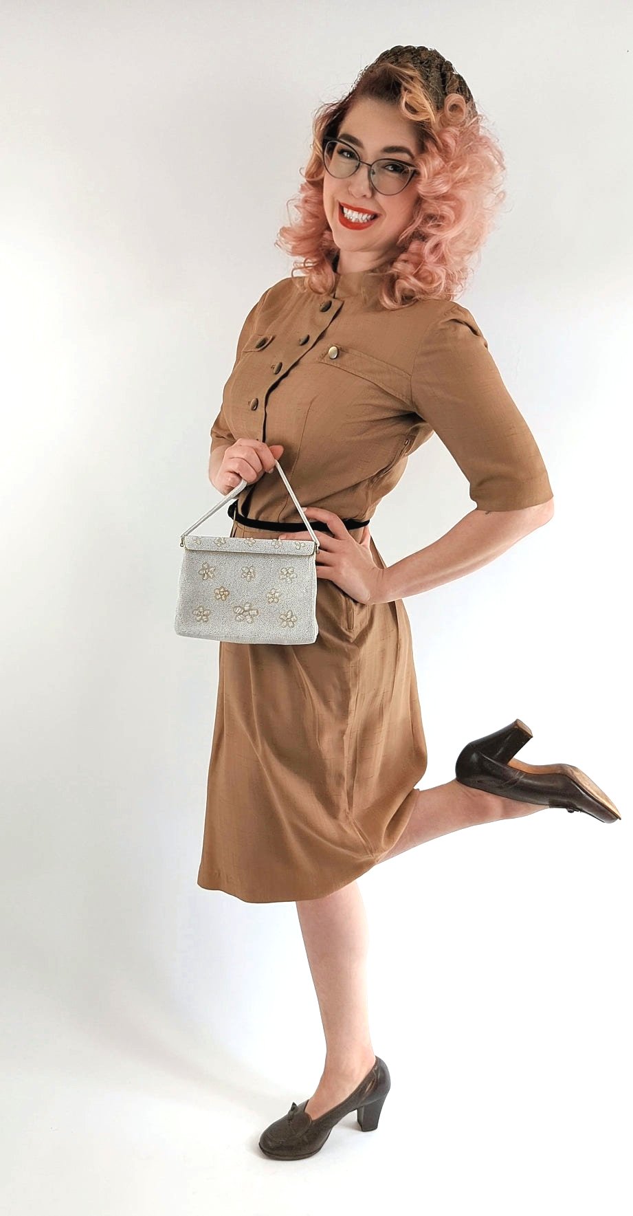Tan Dress with Lucite Tiger Eye Buttons