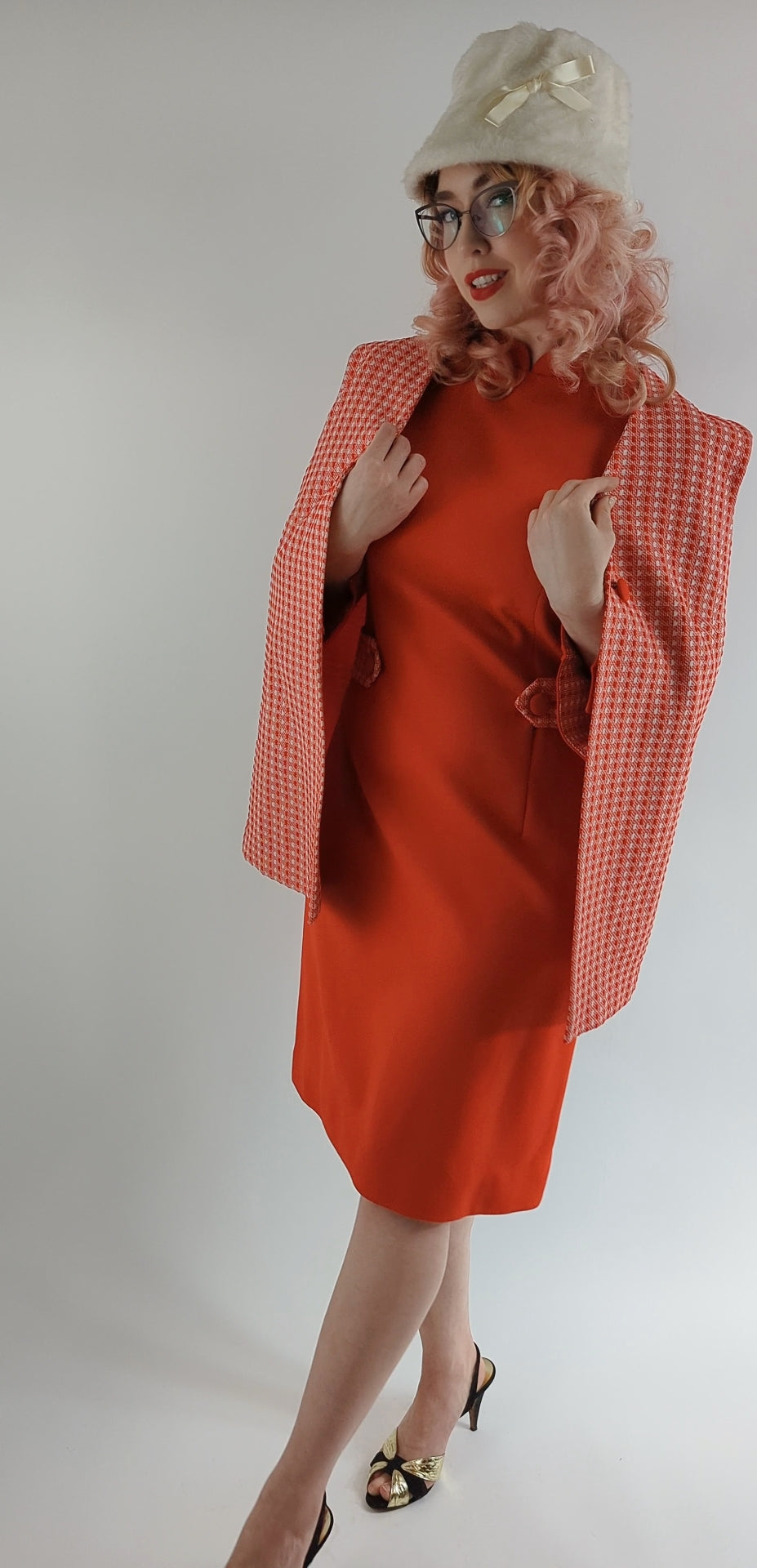 1970s Red and White Mod Dress Suit with Vest | Polyester Belted Dress with Buttons