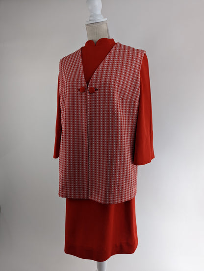 1970s Red and White Mod Dress Suit with Vest | Polyester Belted Dress with Buttons