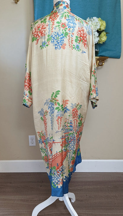 1920s Silk Pongee Kimono Robe With Blue, Red and Pink Flowers