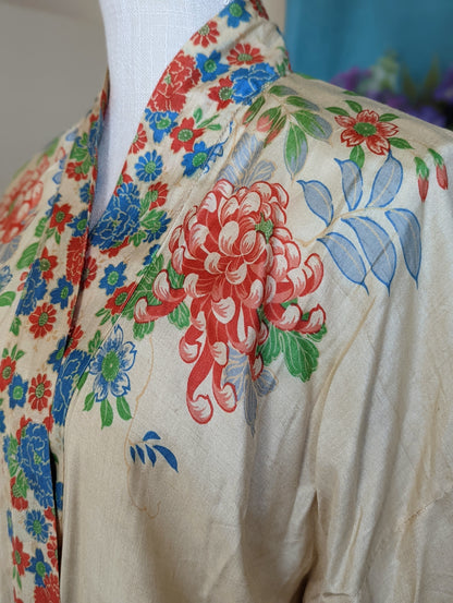 1920s Silk Pongee Kimono Robe With Blue, Red and Pink Flowers