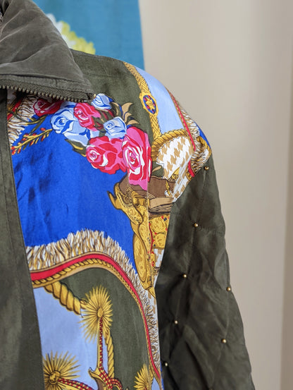 1980s Clipper Bay Silk Windbreaker Jacket with Quilted Sleeves in a Western Cowboy Print