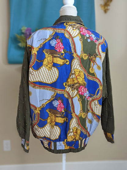 1980s Clipper Bay Silk Windbreaker Jacket with Quilted Sleeves in a Western Cowboy Print