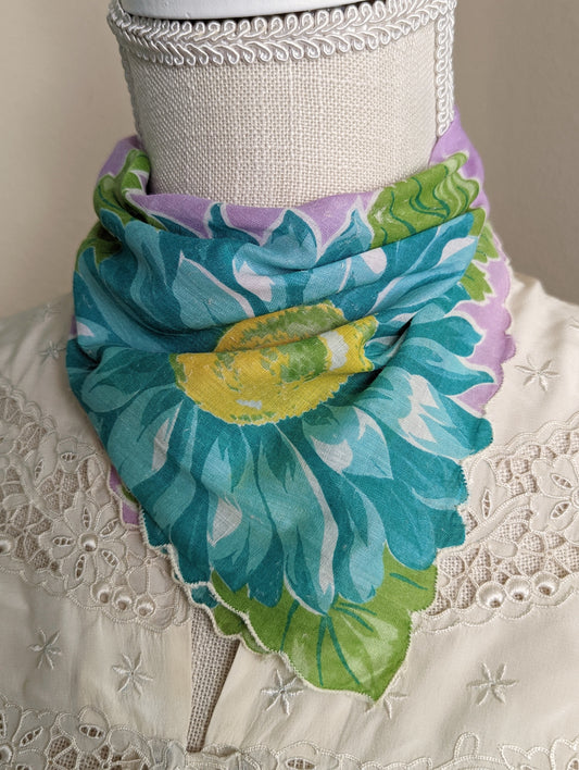 1960s "Blue Zinnia" Purple and Green Scarf Handkerchief With Hand Rolled Edge