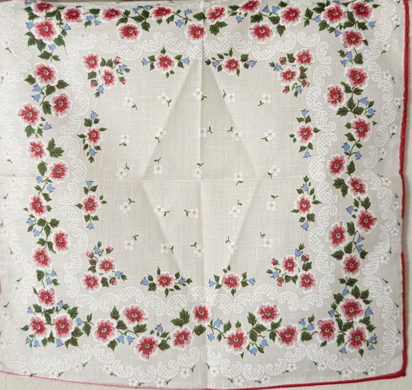 1950s "Flowers and Lace" Floral Red, White and Blue Scarf Handkerchief With Hand Rolled Edge