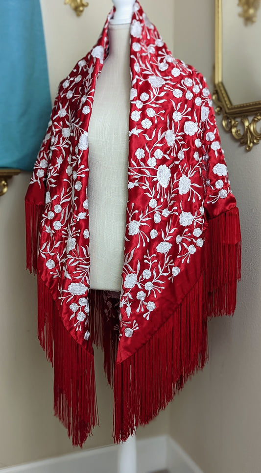 Vintage Silk Charmeuse Piano Shawl in Red With White Floral Silk Hand Embroidery, Finished with a Hand Knotted Fringe