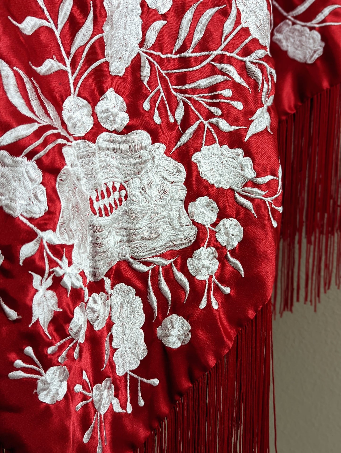 Vintage Silk Charmeuse Piano Shawl in Red With White Floral Silk Hand Embroidery, Finished with a Hand Knotted Fringe