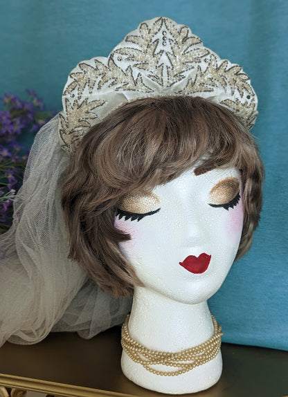 1930s Silk Tulle Cathedral Length Wedding Veil and Hand Beaded Tiara Crown Headpiece with Rhinestones