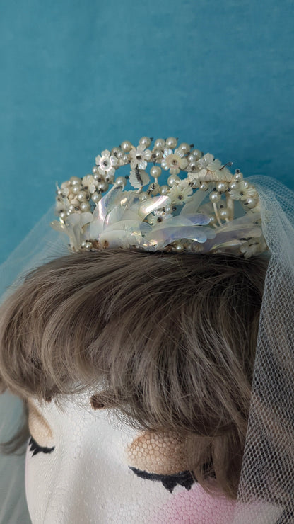 1940s Wedding Veil and Crown Headpiece with Flowers, Pearls and Foliage