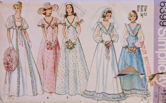 1974 Simplicity #6399 Gunne Sax Style Wedding and Bride's Maid Prairie Cottage Dresses | Sewing Pattern