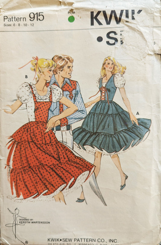 1970s Kwik Sew Pattern Co. #915 G Prairie Cottage Ruffle Square Dancing Dresses Overalls Dresses | Sewing Pattern