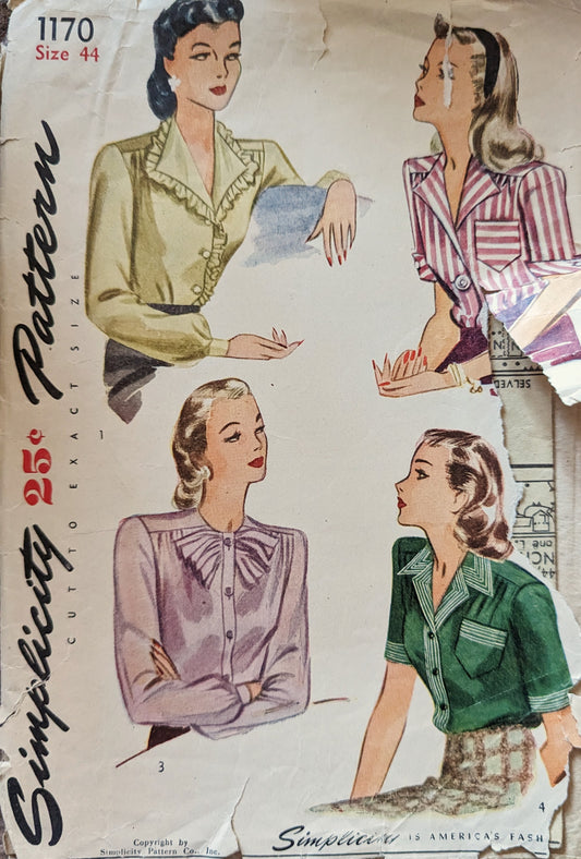 1940s Simplicity 1170 With 4 Elegant Fashionable Blouse Sewing Patterns in Size 44