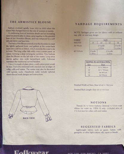 1980s Folkwear #210 The Armistice Blous Sewing Pattern in Size 10
