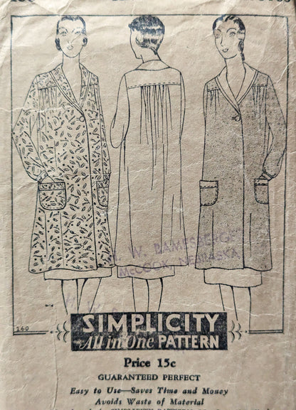 Very Rare 1930s House Coat Smock Sewing Pattern in Black and White | Antique Collectors Item Simplicity 160