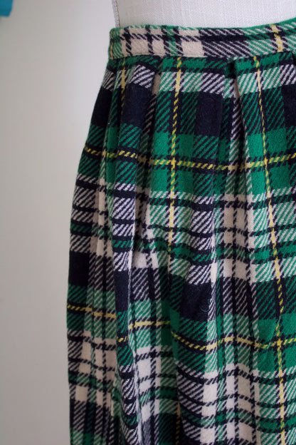 1960s Pandora Green and Black Wool Kilt Skirt