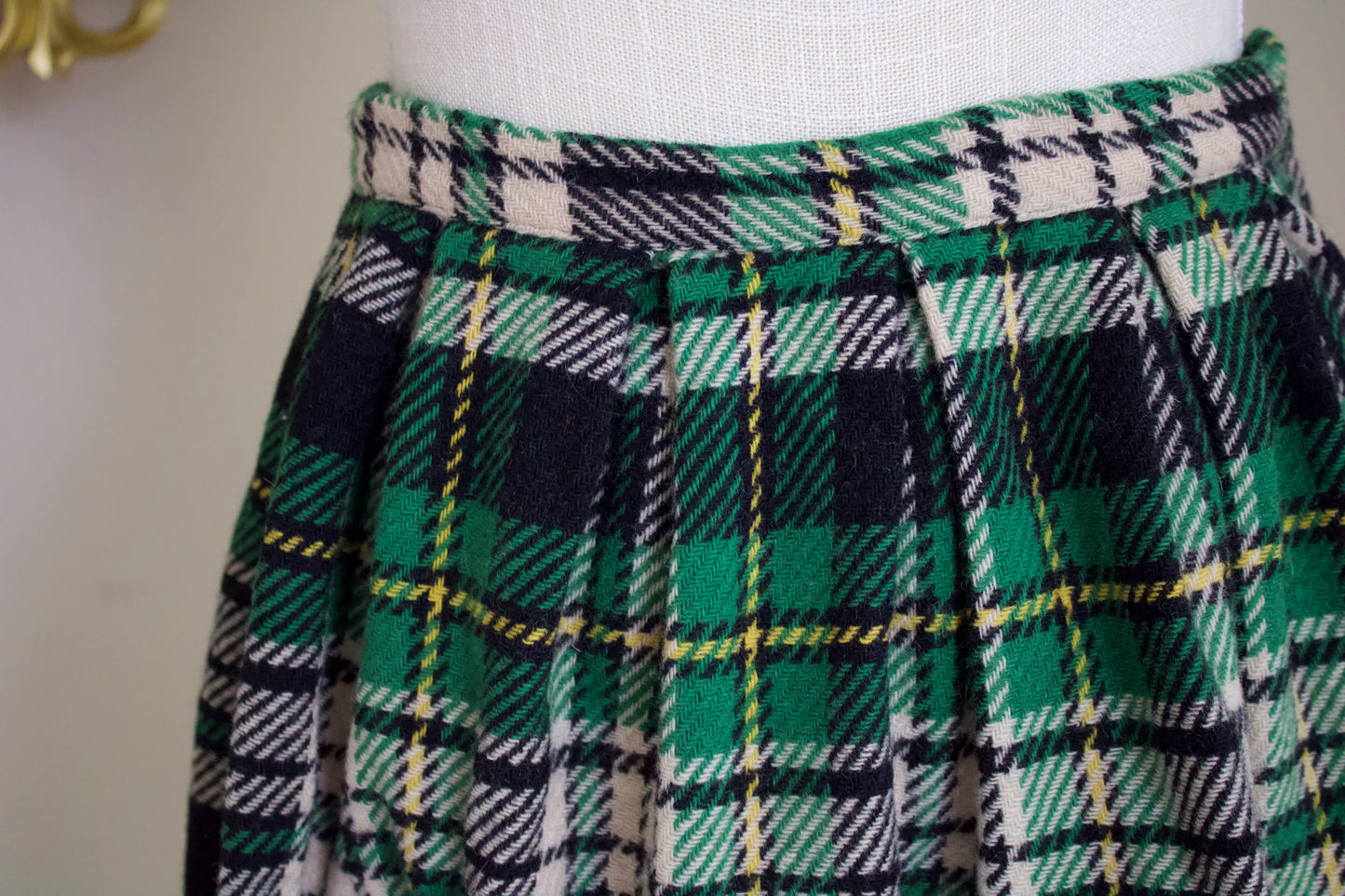1960s Pandora Green and Black Wool Kilt Skirt