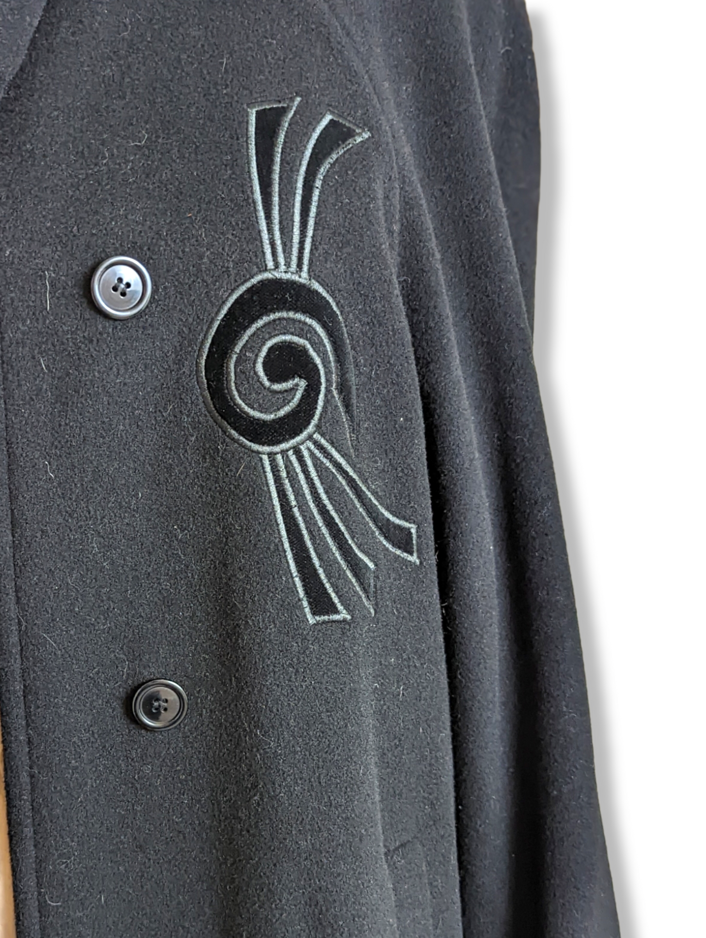 1960s/1970s Black Wool and Cashmere Long Coat with Faux Fur Cuffs and Collar and Velour Velvet Button