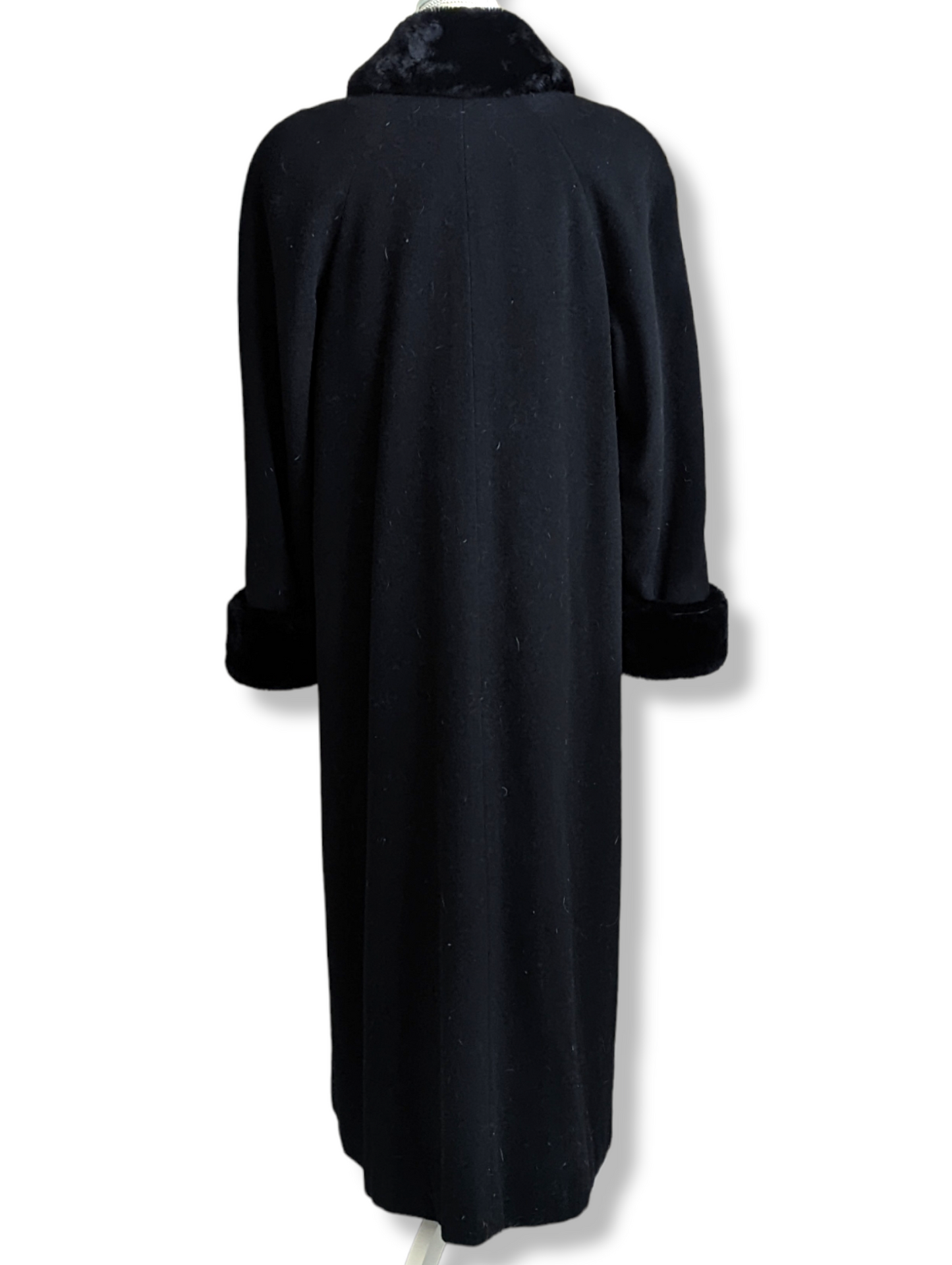 1960s/1970s Black Wool and Cashmere Long Coat with Faux Fur Cuffs and Collar and Velour Velvet Button