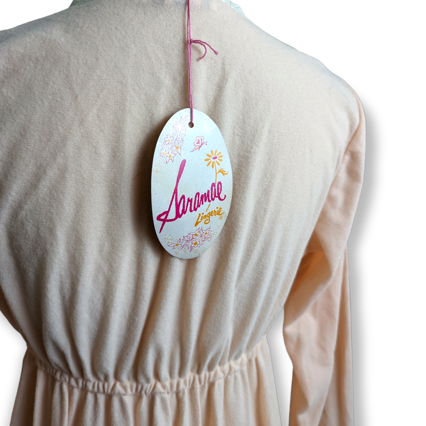 1970s Floor Length Soft Pink Saramae Lingerie Nightgown with Long Sleeves, Lace Cuffs, and Original Tags | Deadstock
