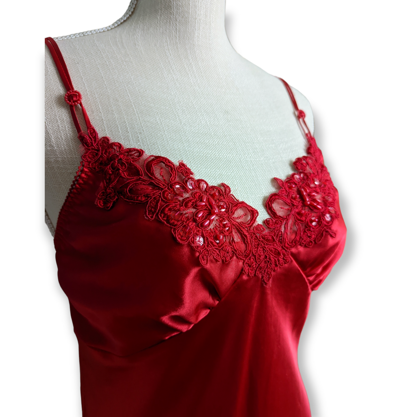 1980s Crimson Red Asymmetrical Satin Slip Nightgown Dress with Hand Beading, Lace and Bows