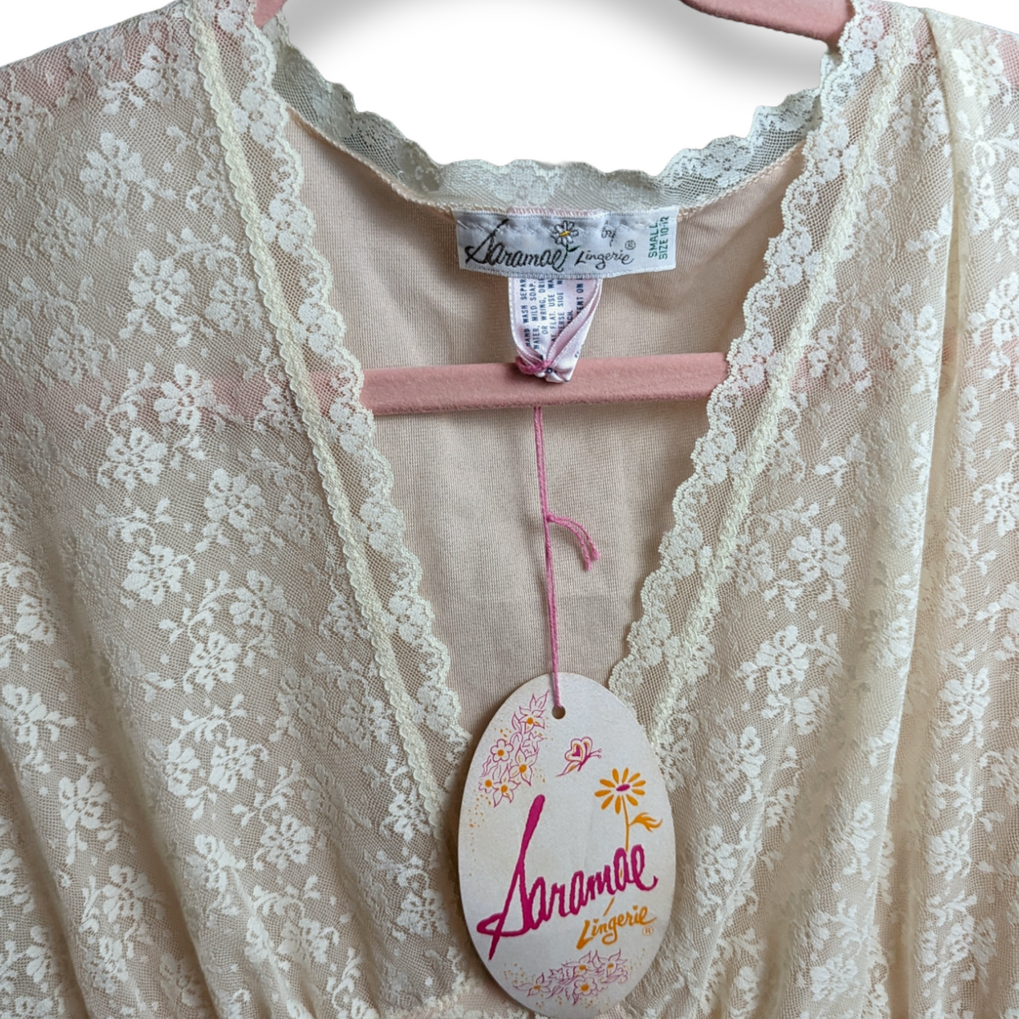 1970s Floor Length Soft Pink Saramae Lingerie Nightgown with Long Sleeves, Lace Cuffs, and Original Tags | Deadstock