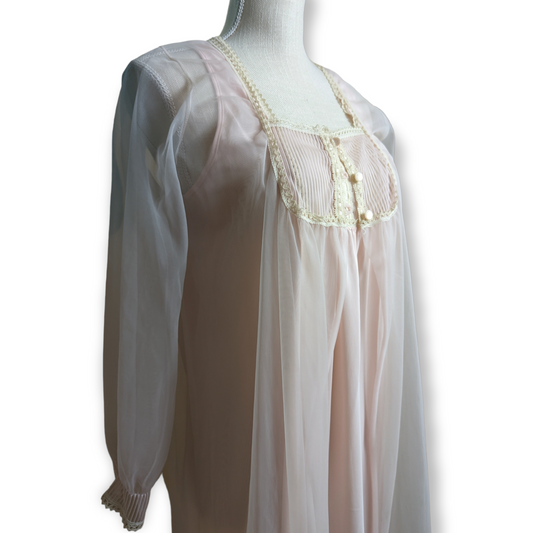 1960s Vanity Fair Two Piece Negligee Pinoir Floor Length Soft Pink Nightgown Set with Mother of Pearl Colored Buttons, Lace and Pleats