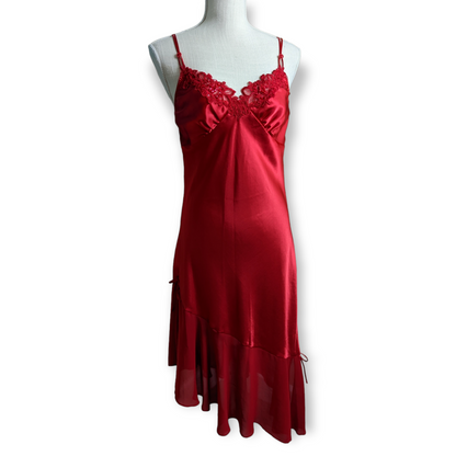 1980s Crimson Red Asymmetrical Satin Slip Nightgown Dress with Hand Beading, Lace and Bows