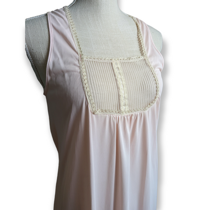 1960s Vanity Fair Two Piece Negligee Pinoir Floor Length Soft Pink Nightgown Set with Mother of Pearl Colored Buttons, Lace and Pleats