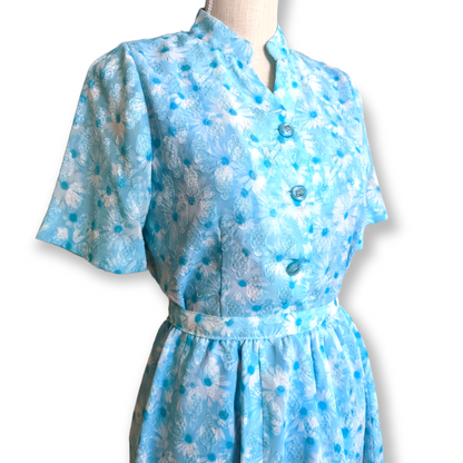 1980s Does 1940s Two Piece Blouse and Pleated Skirt Set With Blue Daisies and Glamorous Buttons