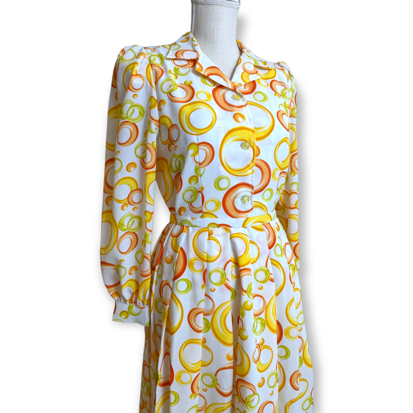 1970s Two Piece Blouse and Pleated Skirt Set With Yellow and Orange Mod Circle Pattern, Butterfly Collar, Long Sleeves and Groovy Buttons