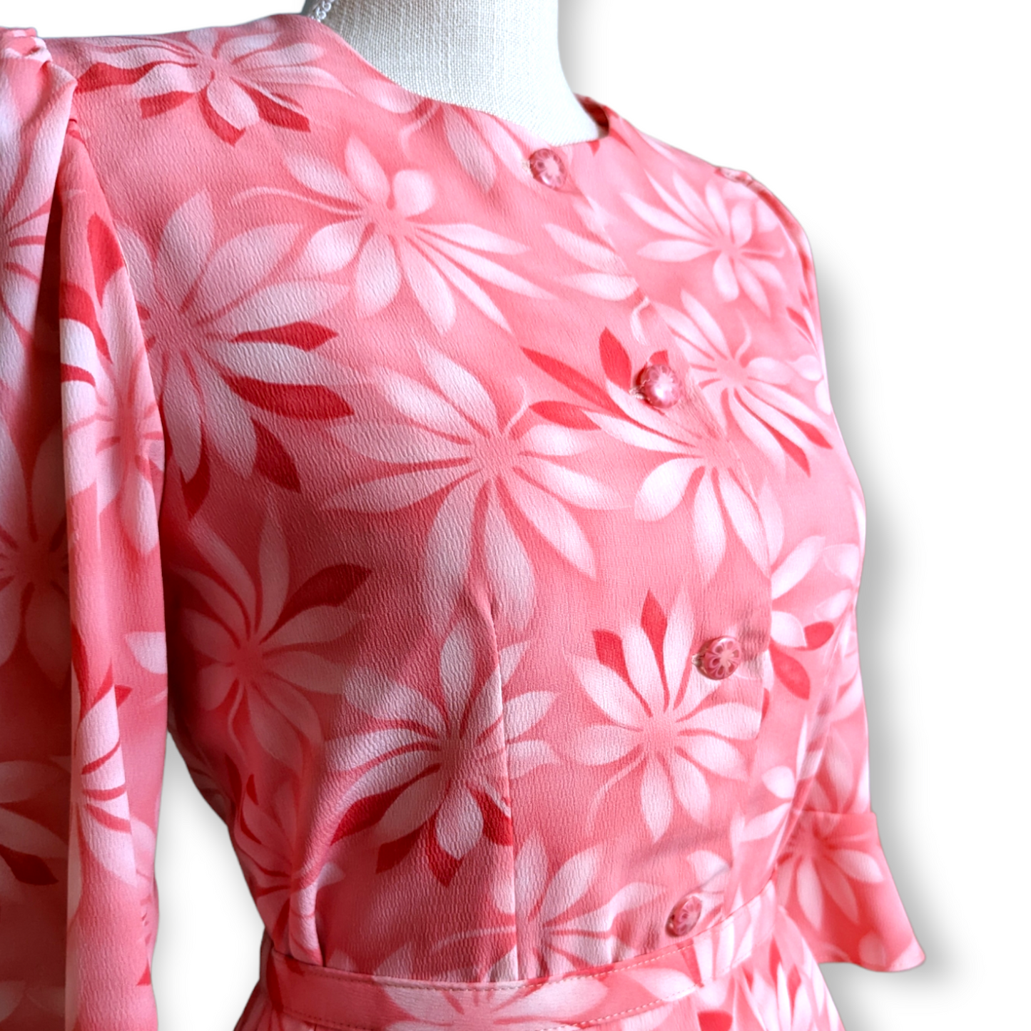 1980s Pink Silk Chiffon Two Piece Blouse and Pleated Skirt Set With White and Pink Foliage Tropical Pattern, Scoop Collar, Long Ruffled Sleeves and Beautiful Flower Buttons