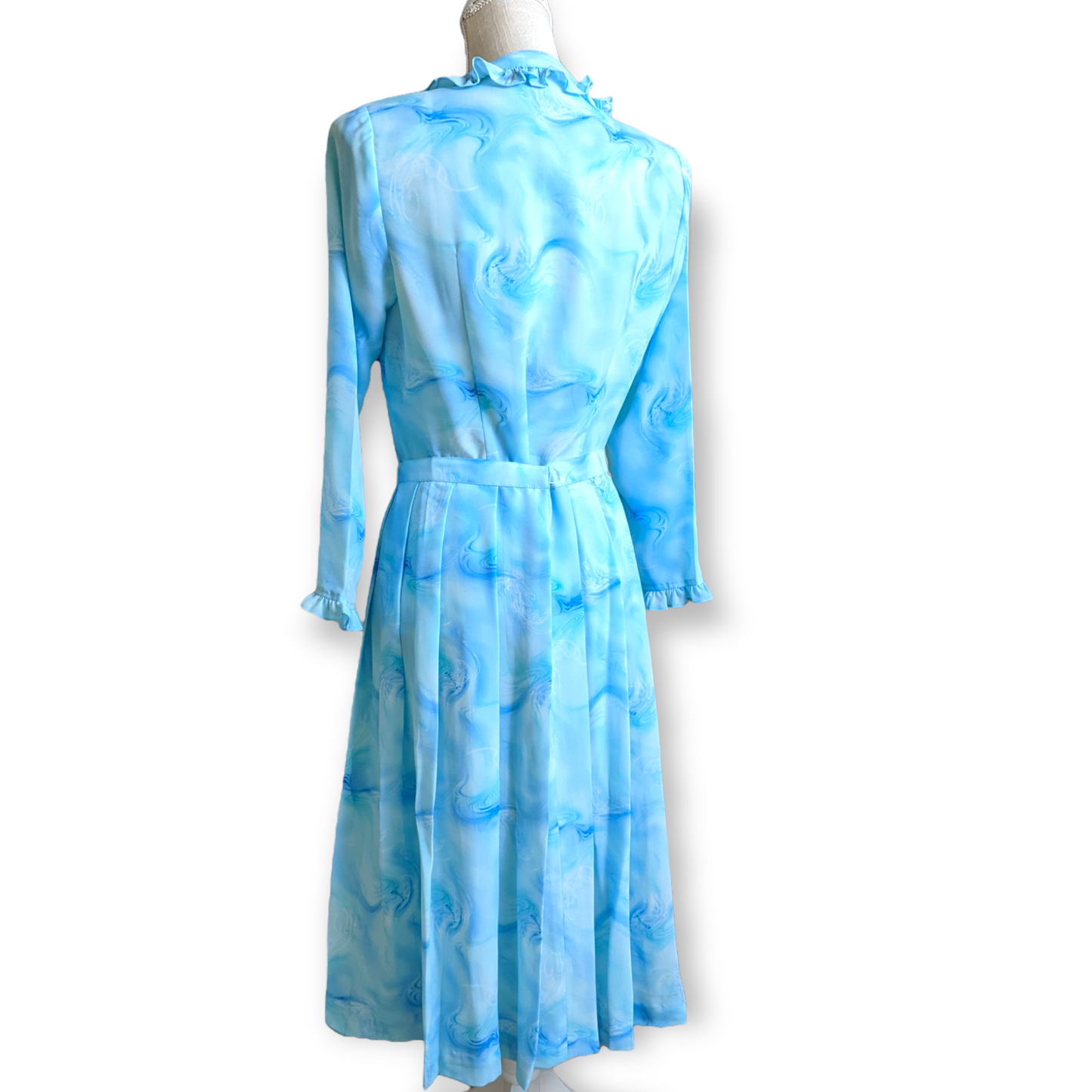 1980s Silk Blue Watercolor Two Piece Blouse and Pleated Skirt Set With Ruffle Details, Rounded Collar, Long Sleeves and Charming Soft Blue Buttons
